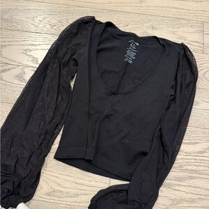 Free People Black Sheer Sleeve Blouse